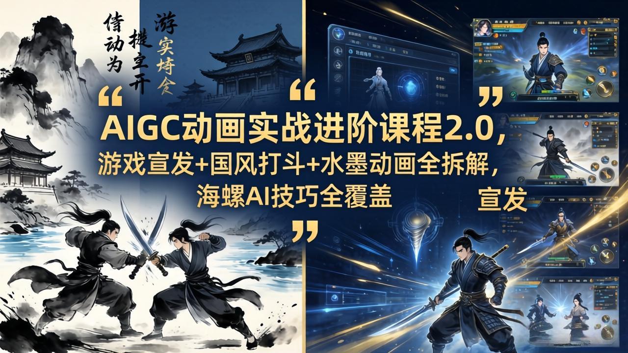 AIGC动画实战进阶课程2.0，游戏宣发+国风打斗+水墨动画全拆解，海螺AI技巧全覆盖-轻创终点站